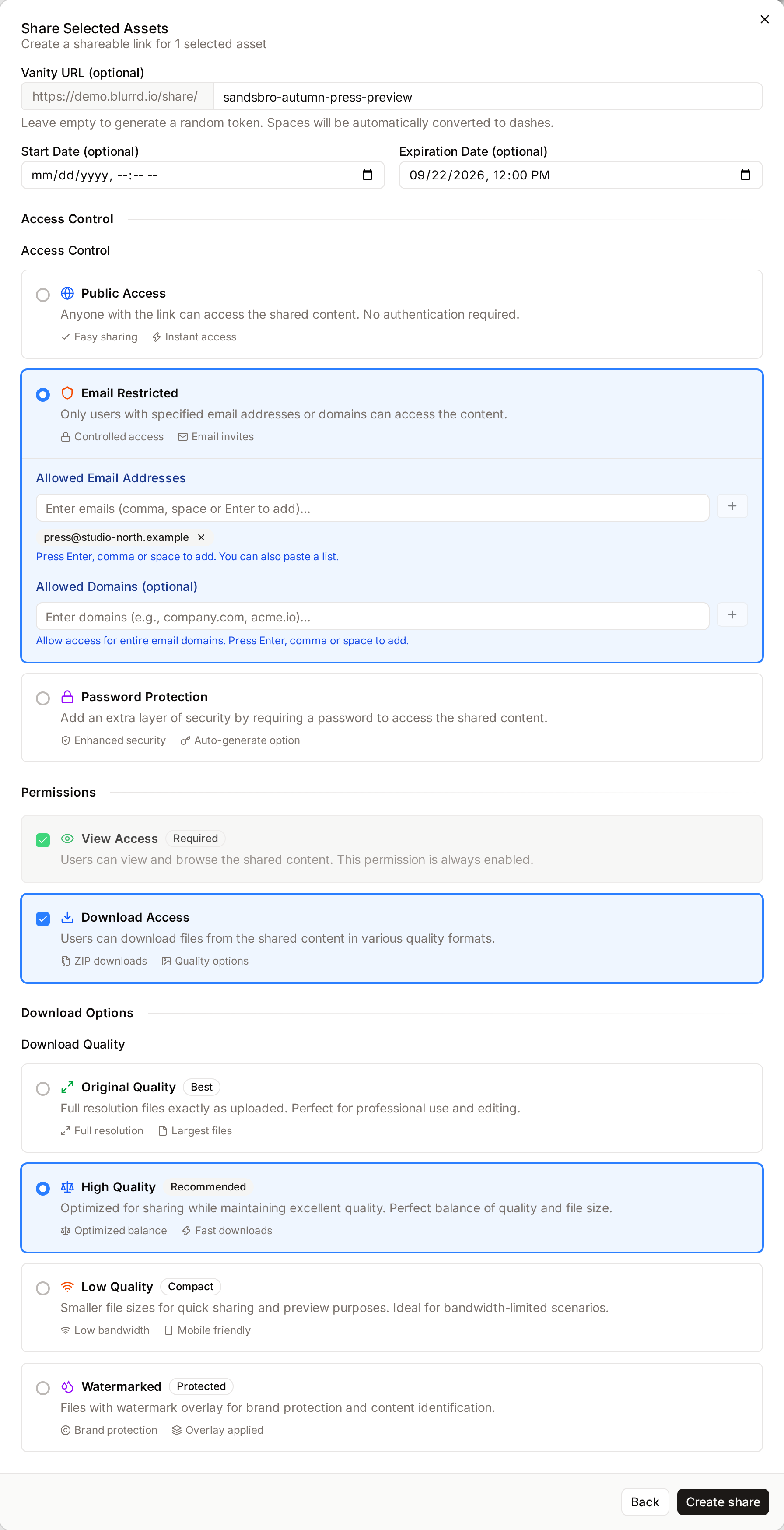 The share form after choosing External Restricted Access: custom URL, dates, access control and download options