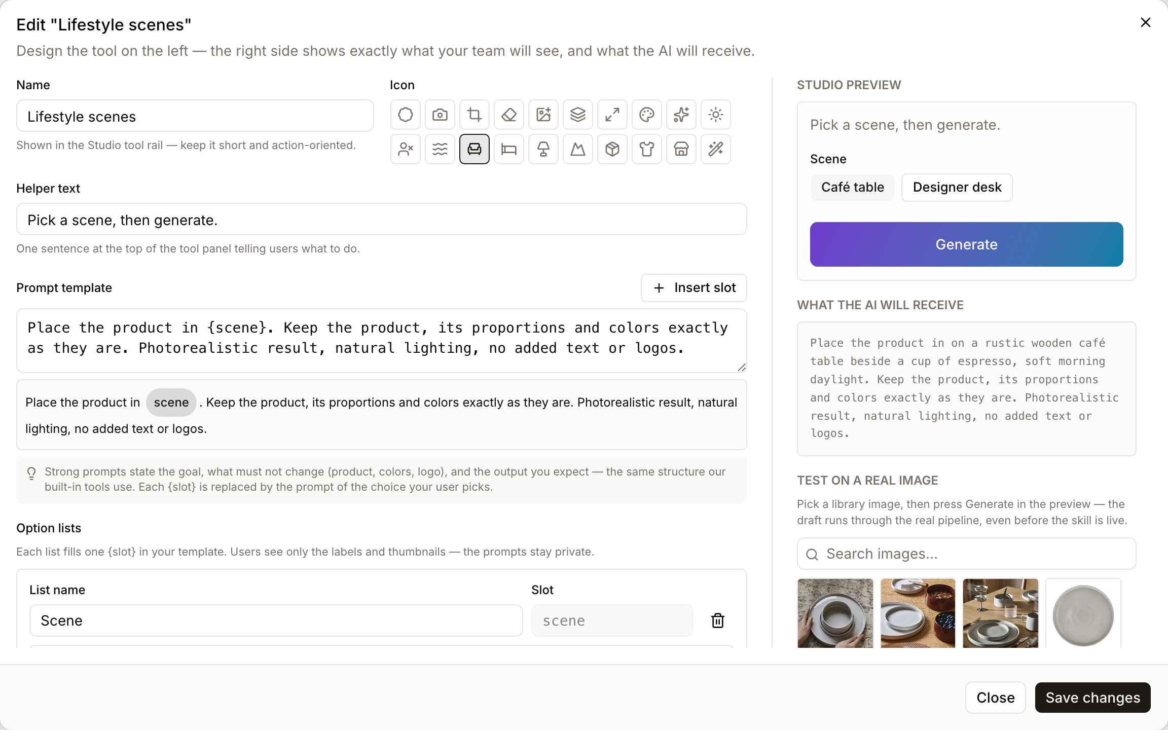 The skill editor with live preview