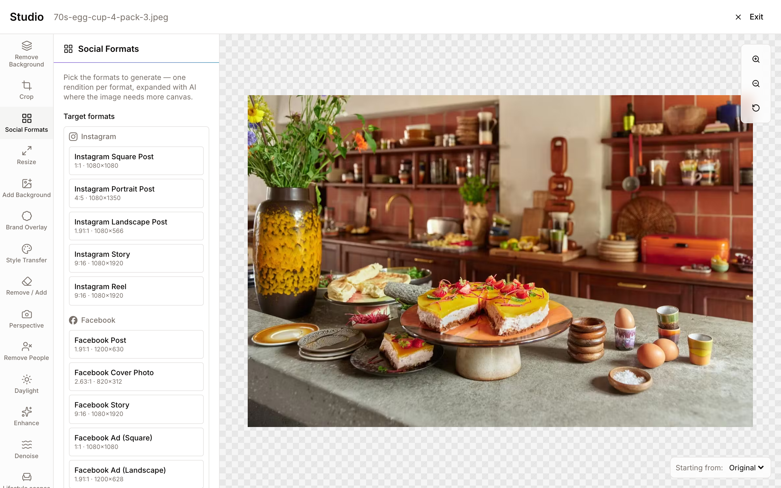 Social Formats panel with multiple platform formats selected