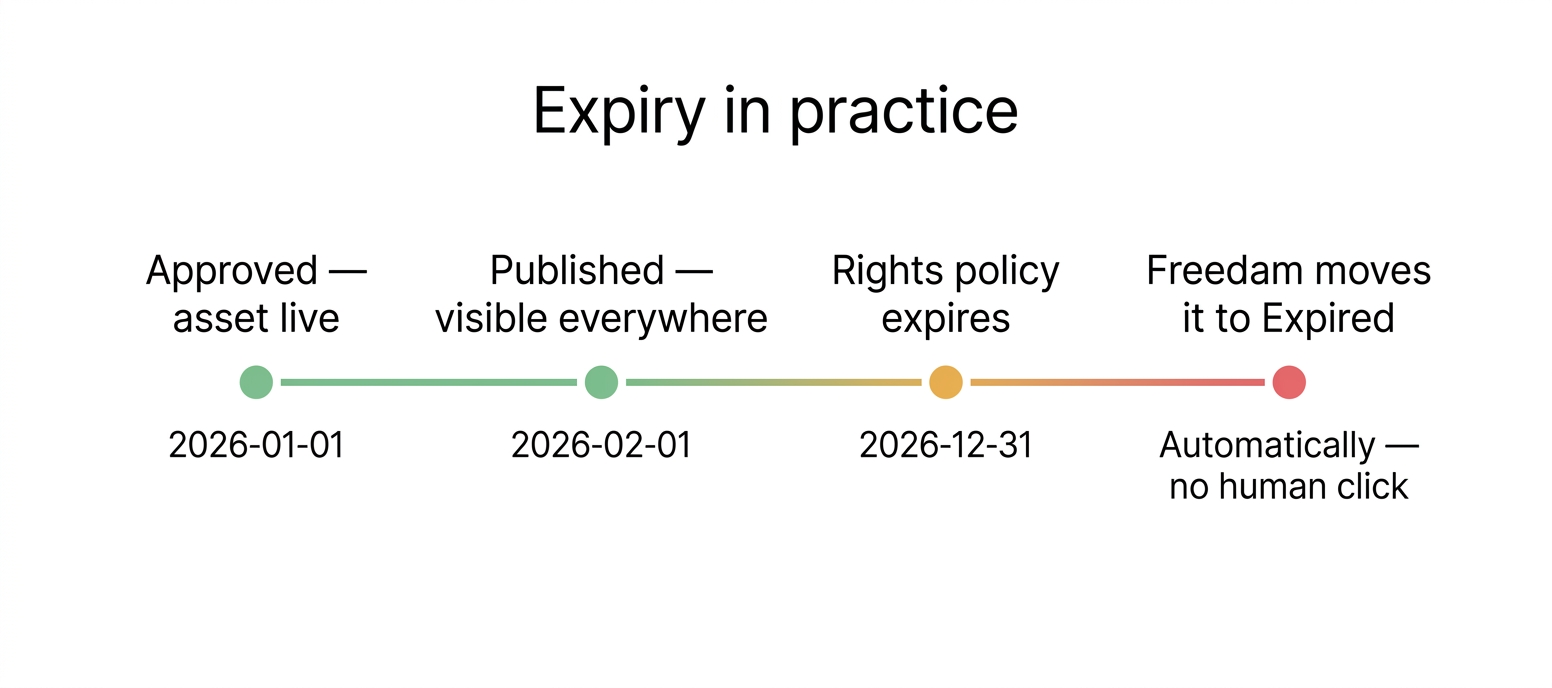 Expiry timeline: an asset goes through Approved and Published while it's live. When the rights policy expires, Freedam moves it to Expired automatically.