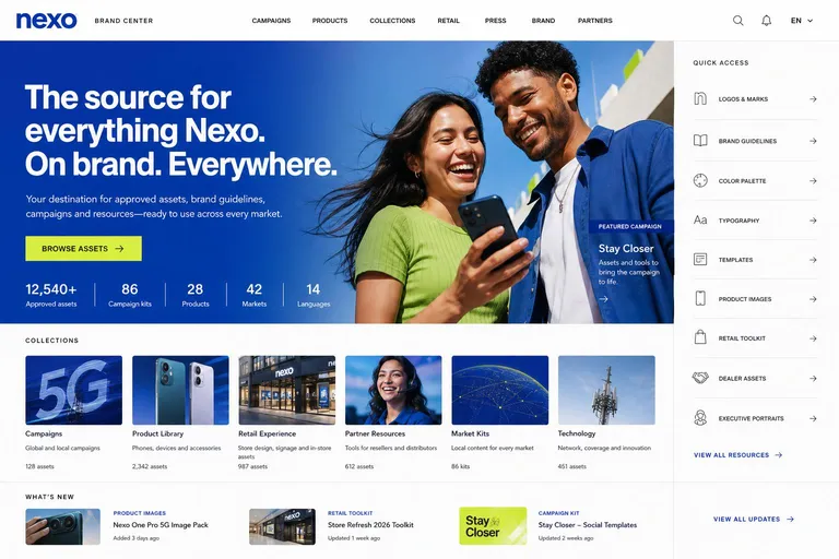 Nexo brand center homepage, Stay Closer