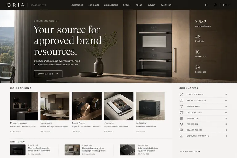 Oria brand center homepage, Designed Around Living