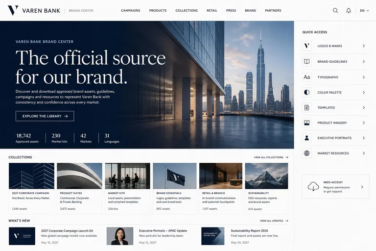 Varen Bank brand center homepage, One brand. Across every market.