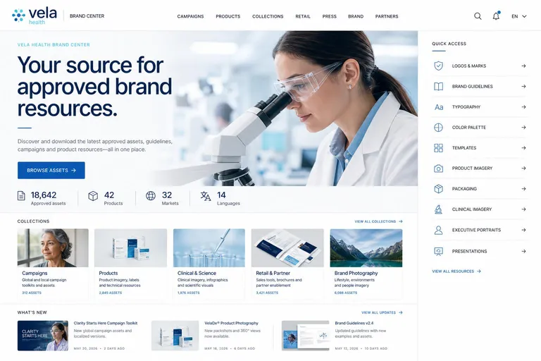 Vela Health brand center homepage, Clarity Starts Here