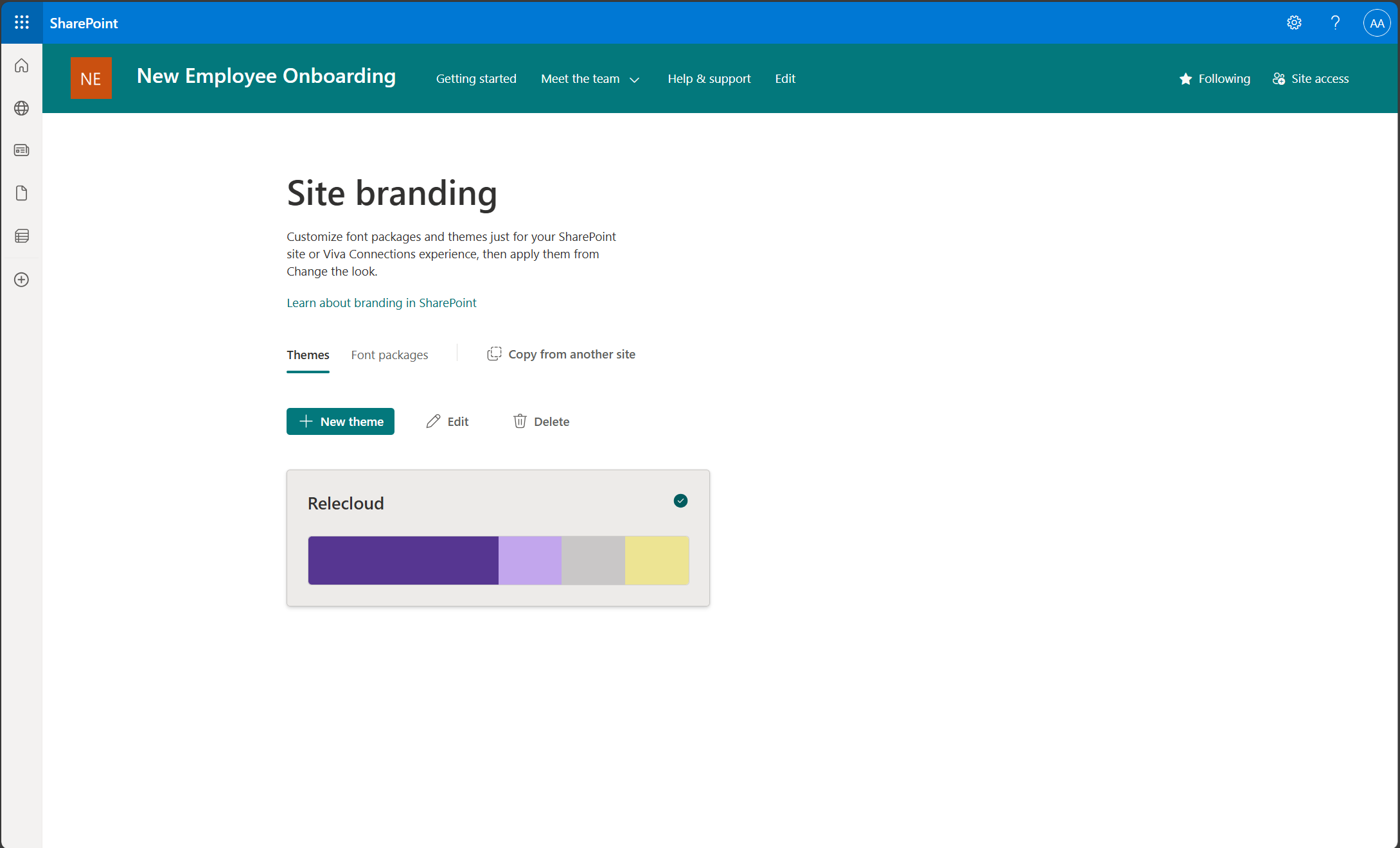 Microsoft SharePoint Site branding screen with themes, font packages, and brand controls