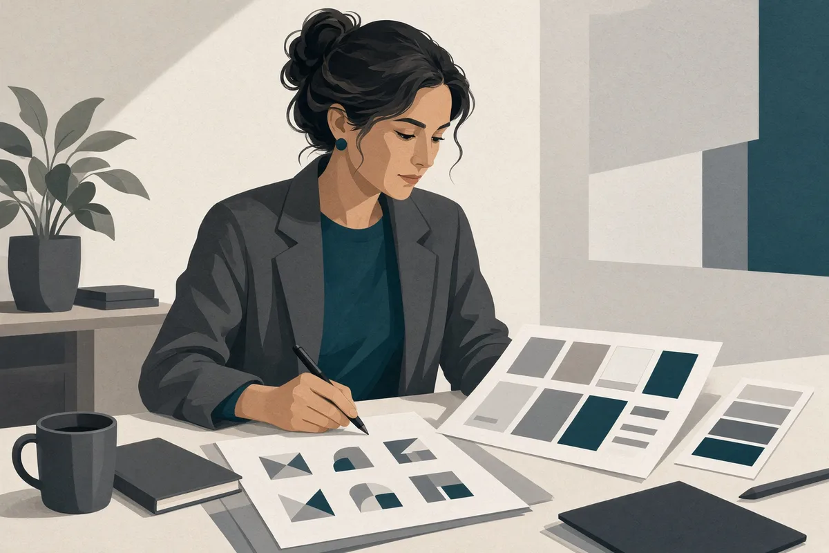 Illustration of an agency creative starting a campaign with logos and colour swatches
