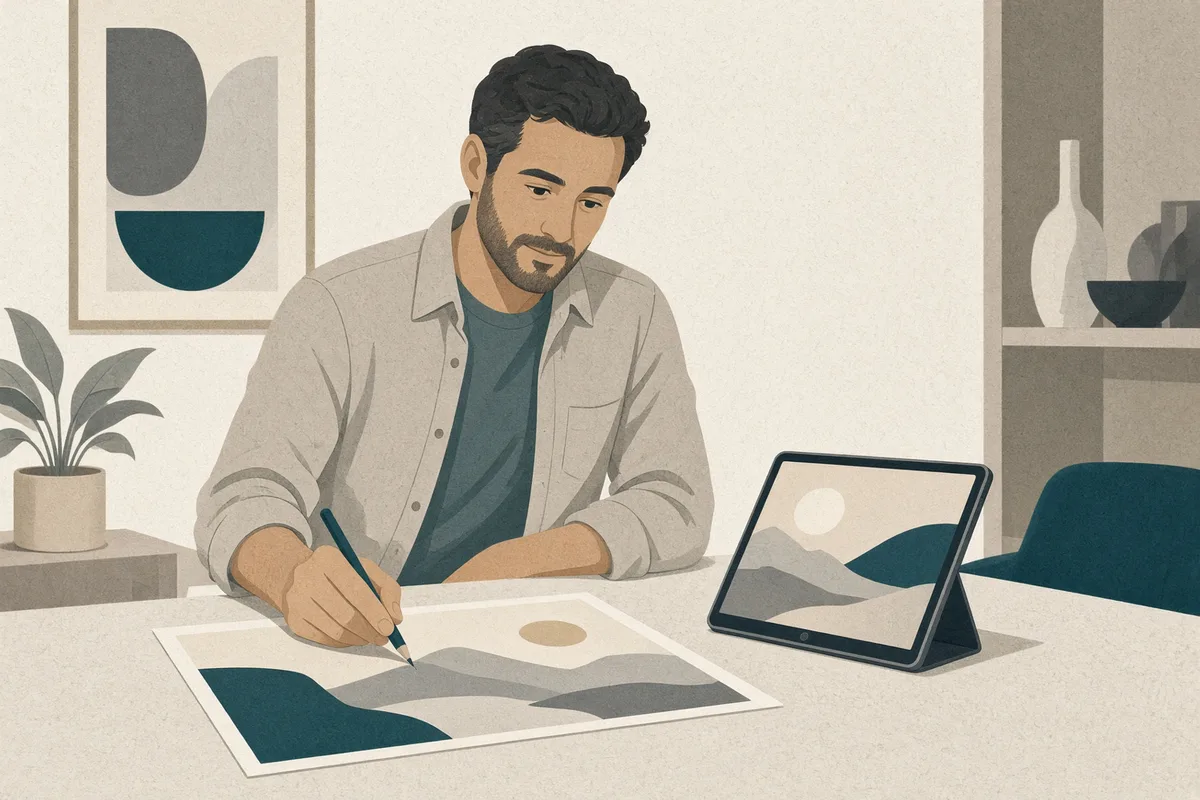 Illustration of a dealer preparing local campaign material in a showroom