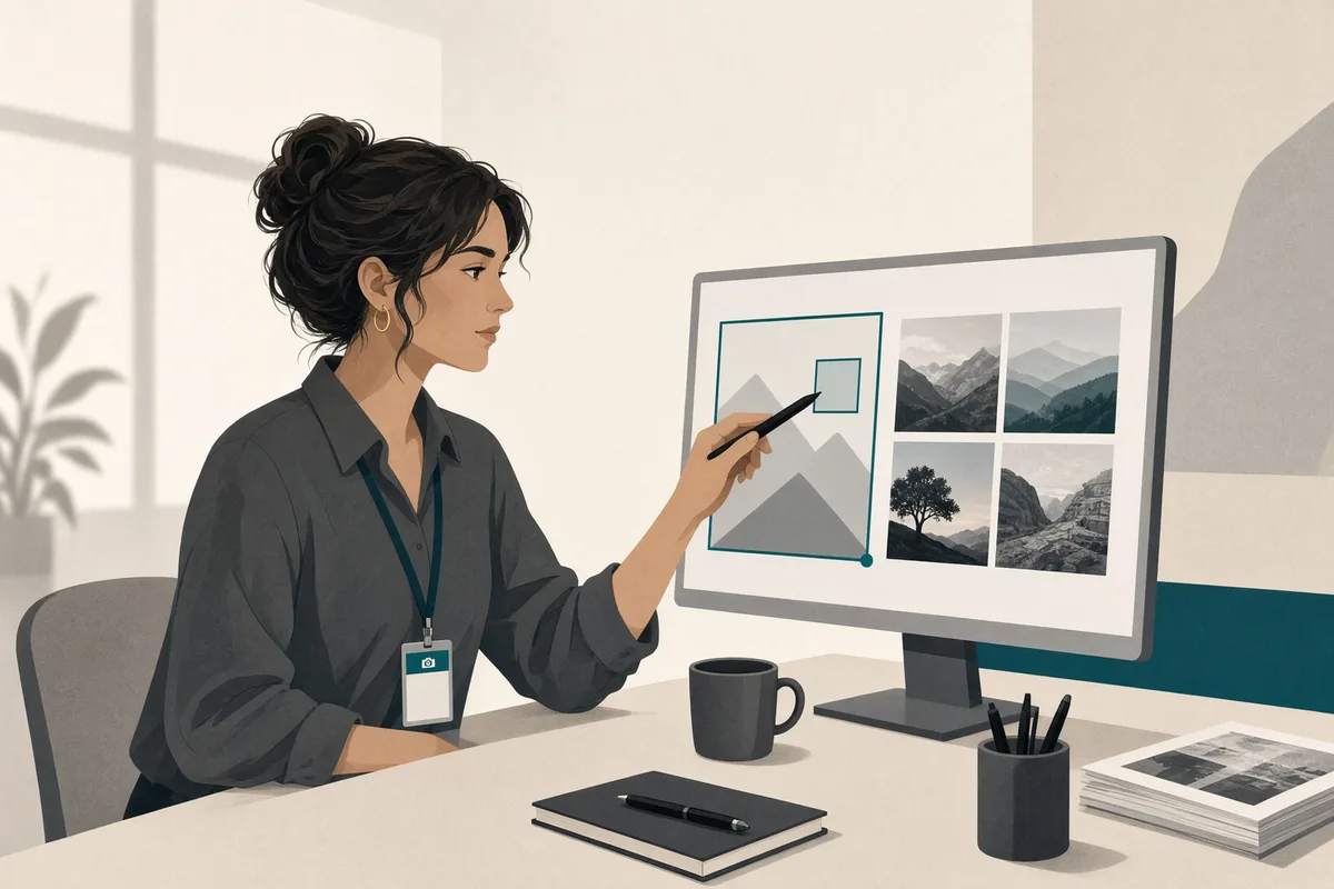 Illustration of a journalist choosing a logo and press images on screen