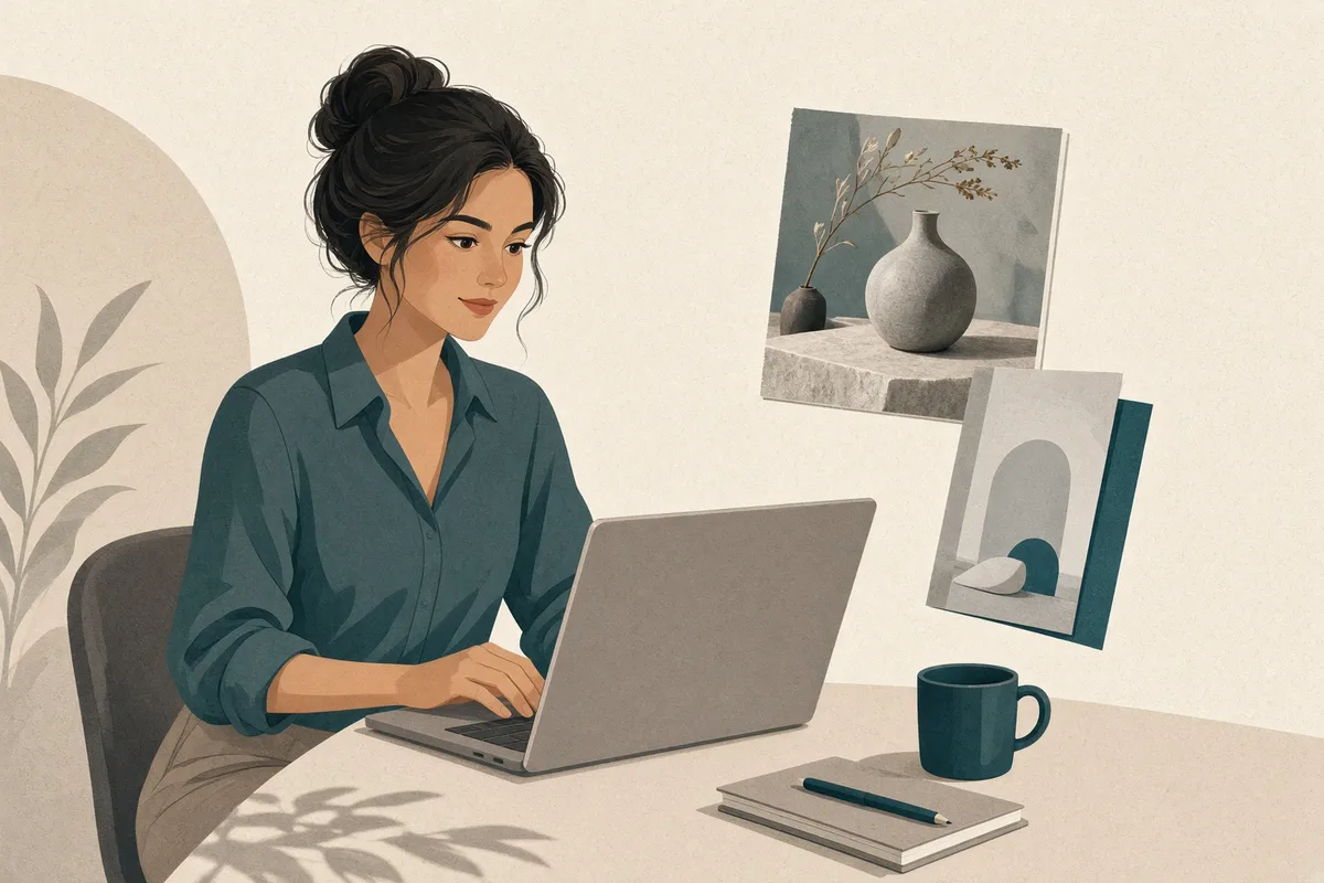 Illustration of a salesperson assembling a client presentation at a laptop