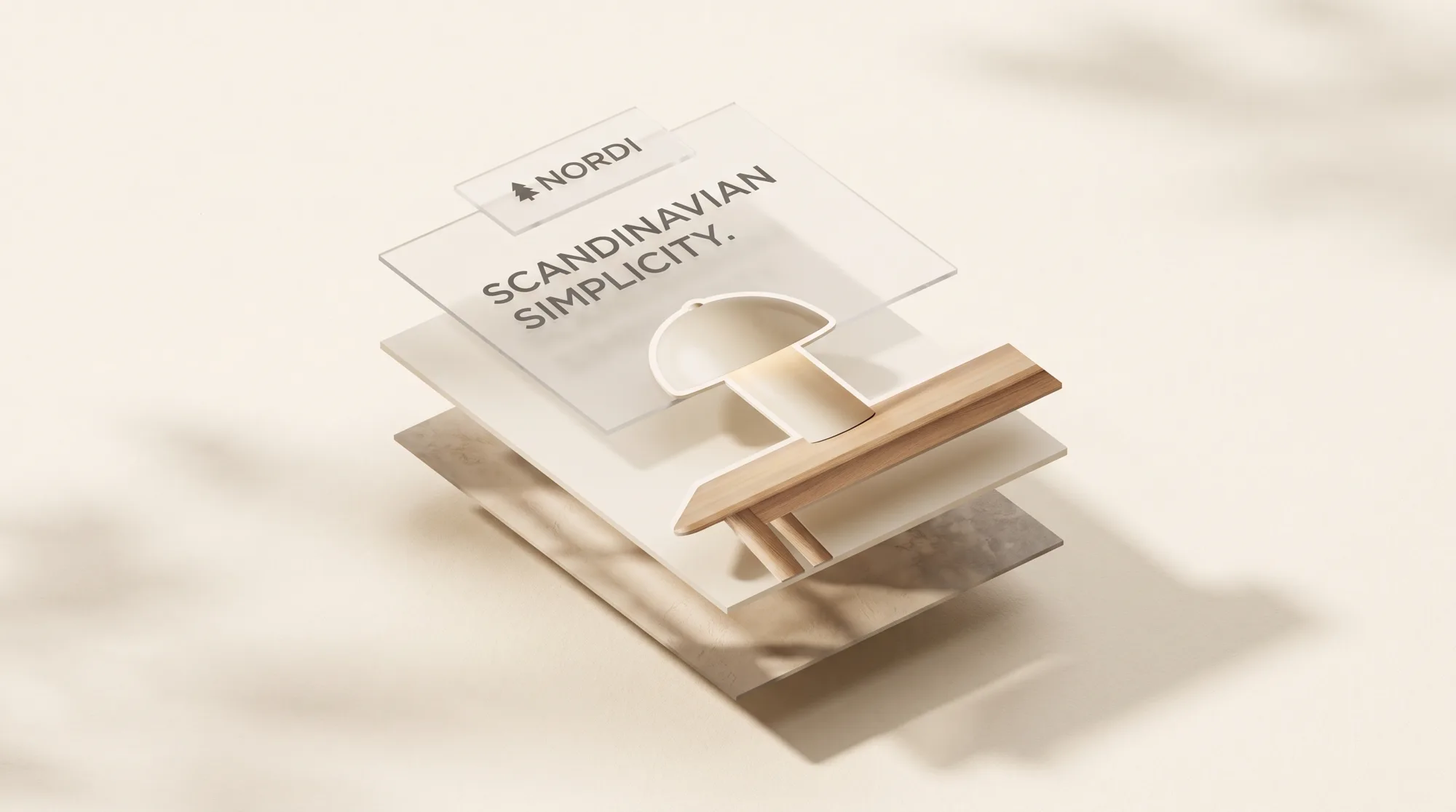 Exploded view of the Nordi poster's layers: background, table, lamp cut-out, headline and wordmark