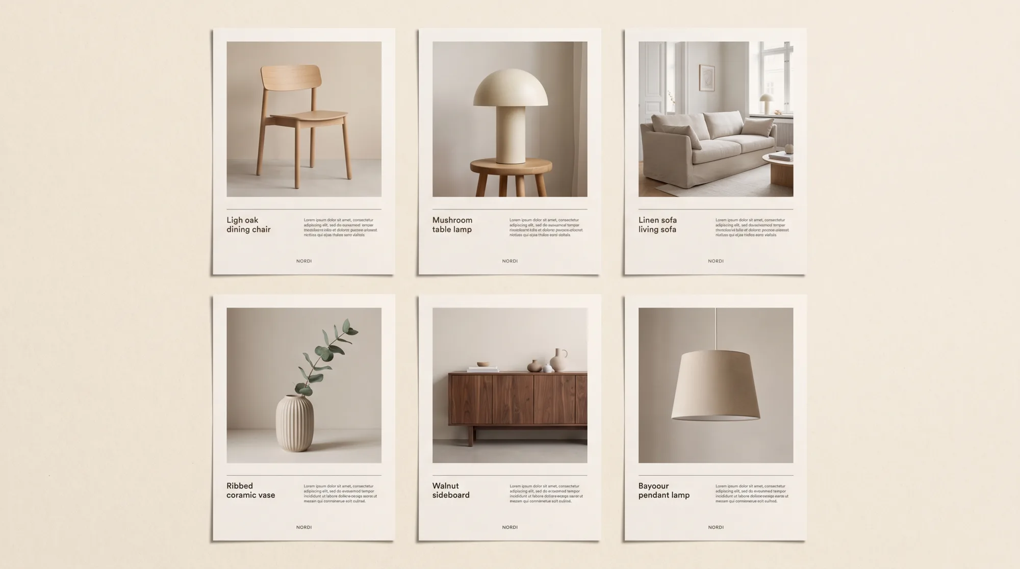 Six Nordi posters with the same layout, each showing a different product: chair, table lamp, sofa, vase, sideboard and pendant lamp
