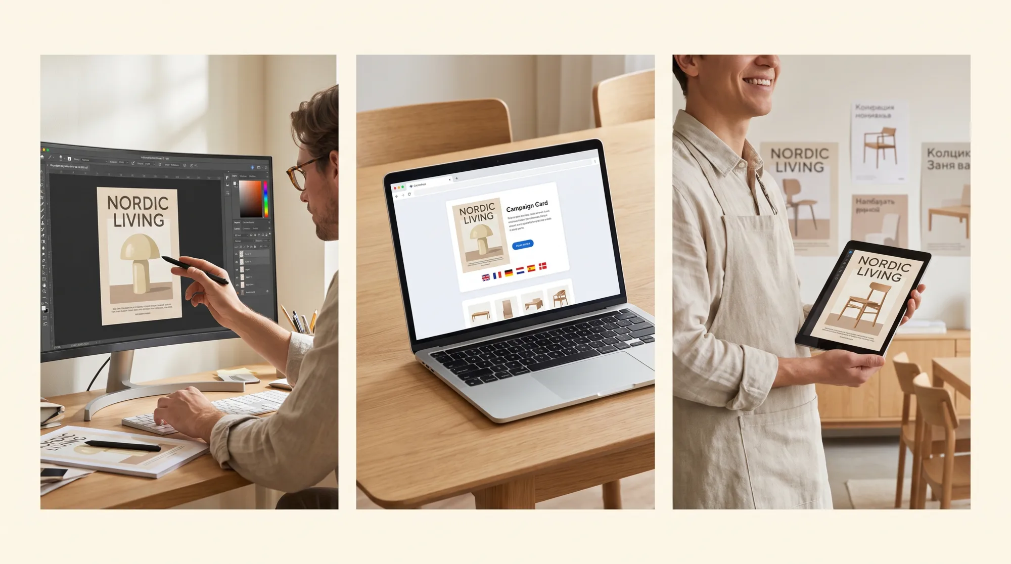 Triptych: a designer editing a layered poster in Photoshop, the campaign template in Freedam on a laptop, and a showroom manager holding a tablet with a local version