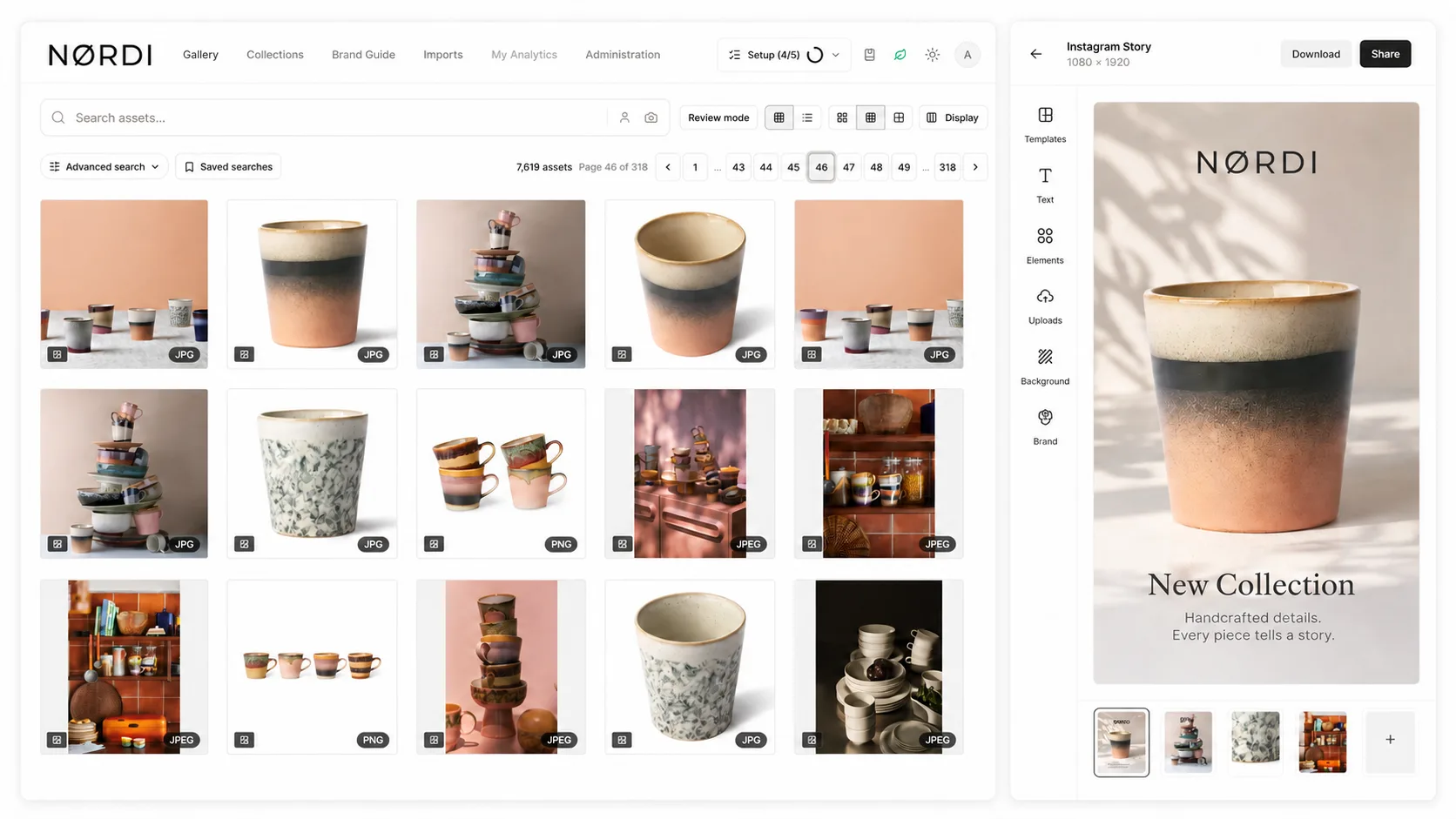 The Nordi asset library on the left, and an Instagram Story built from an approved Nordi mug pack shot on the right